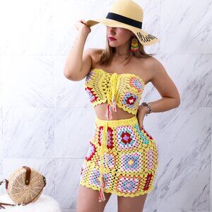 Hot & Delicious Crochet Two-Piece Set | Boho Crop Top & Skirt | Size Small